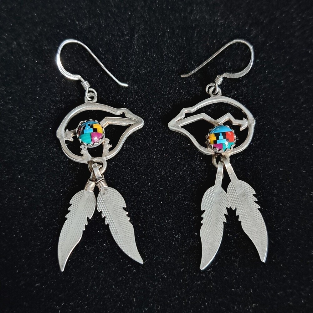 Vintage Southwestern Sterling Silver 925 Navajo Feather Colored Mosaic Earrings